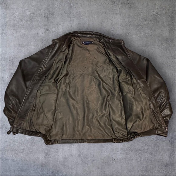 Nautica Genuine Leather Bomber Jacket Brown Size 42 Zip Front‎ Lined Classic - Picture 10 of 13